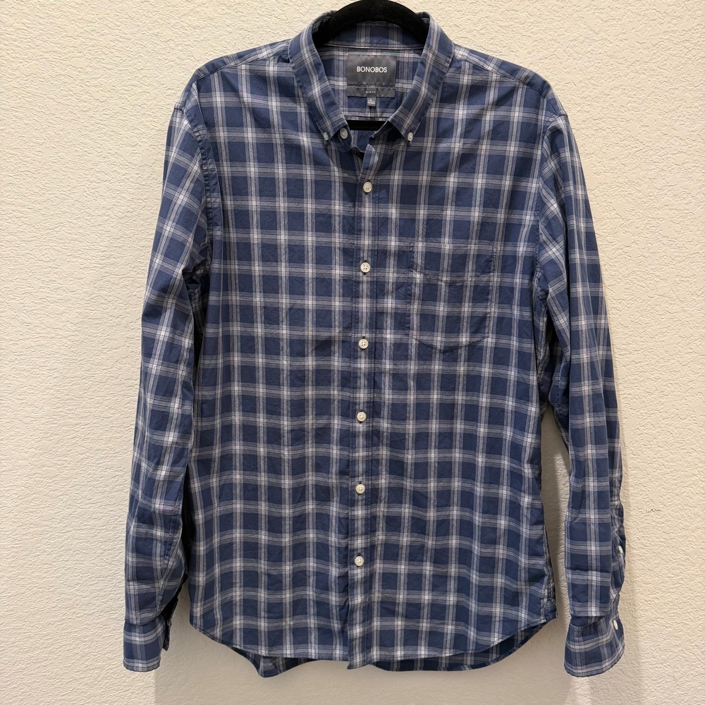 Bonobos Mens Slim Fit Blue White Plaid Long Sleeve Button Down Shirt Large
